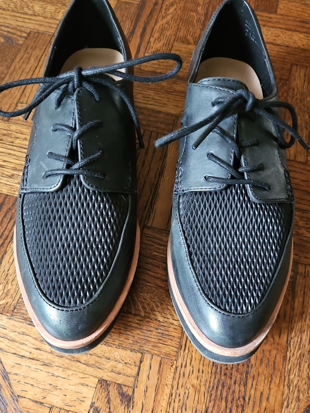 Aldo Black Lace-Up Flats with Tan Accent